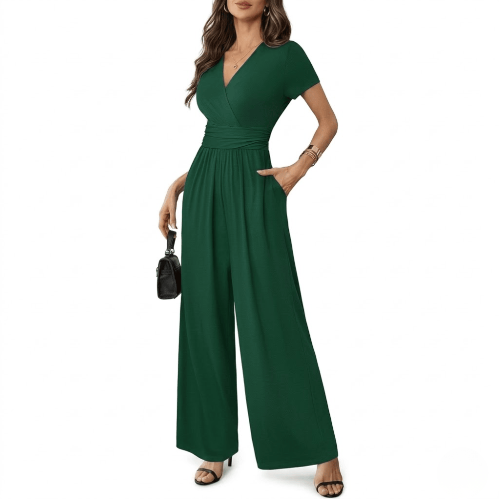 Women's V-Neck Short Sleeve Jumpsuit - High Waist Wide Leg Romper with Pockets