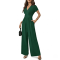 Women's V-Neck Short Sleeve Jumpsuit - High Waist Wide Leg Romper with Pockets