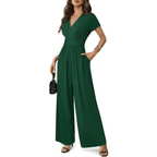Women's V-Neck Short Sleeve Jumpsuit - High Waist Wide Leg Romper with Pockets
