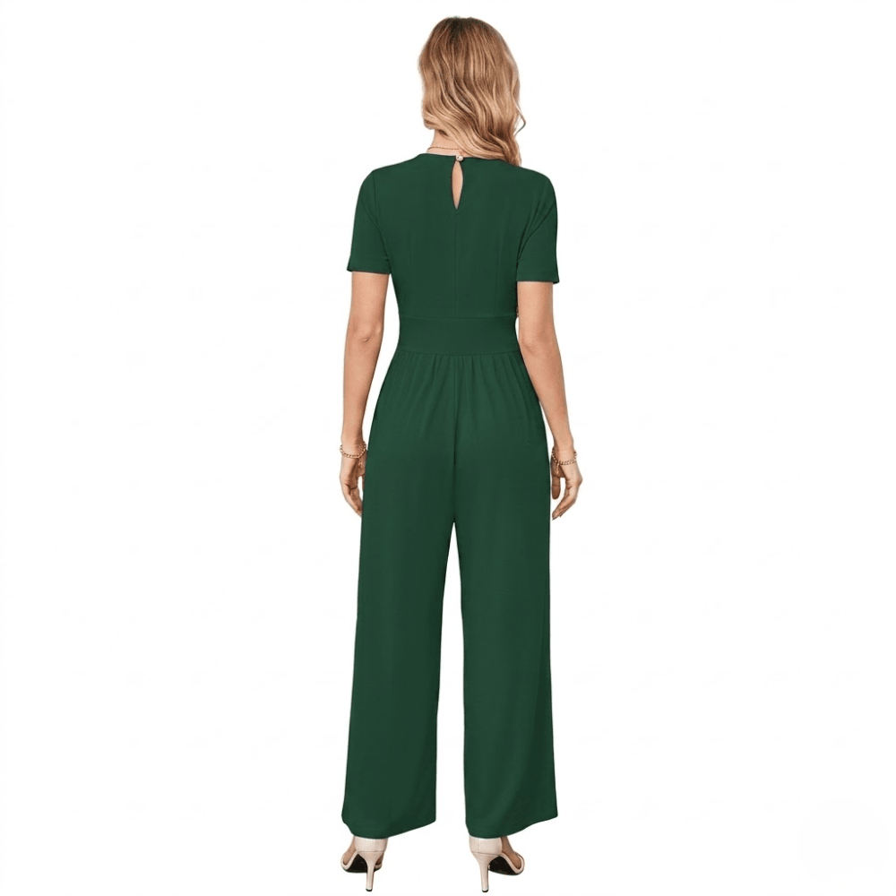 Women's V-Neck Short Sleeve Jumpsuit - High Waist Wide Leg Romper with Pockets