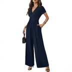 Women's V-Neck Short Sleeve Jumpsuit - High Waist Wide Leg Romper with Pockets