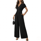 Women's V-Neck Short Sleeve Jumpsuit - High Waist Wide Leg Romper with Pockets