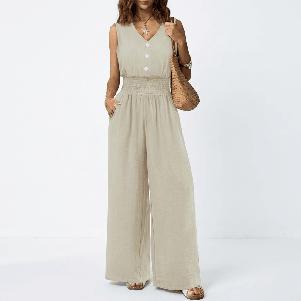 Women's Sleeveless V-Neck Jumpsuit - Smocked Waist Wide Leg Romper with Pockets