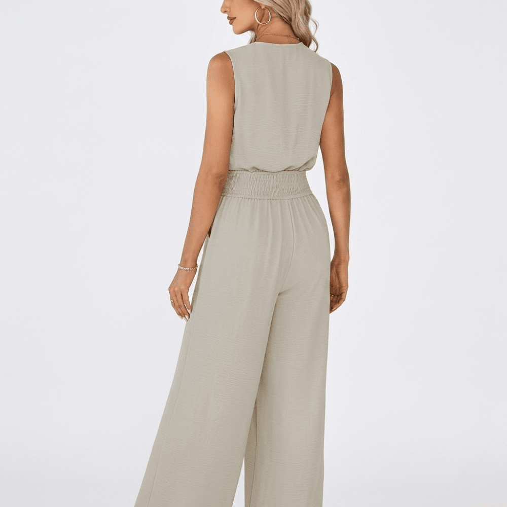 Women's Sleeveless V-Neck Jumpsuit - Smocked Waist Wide Leg Romper with Pockets