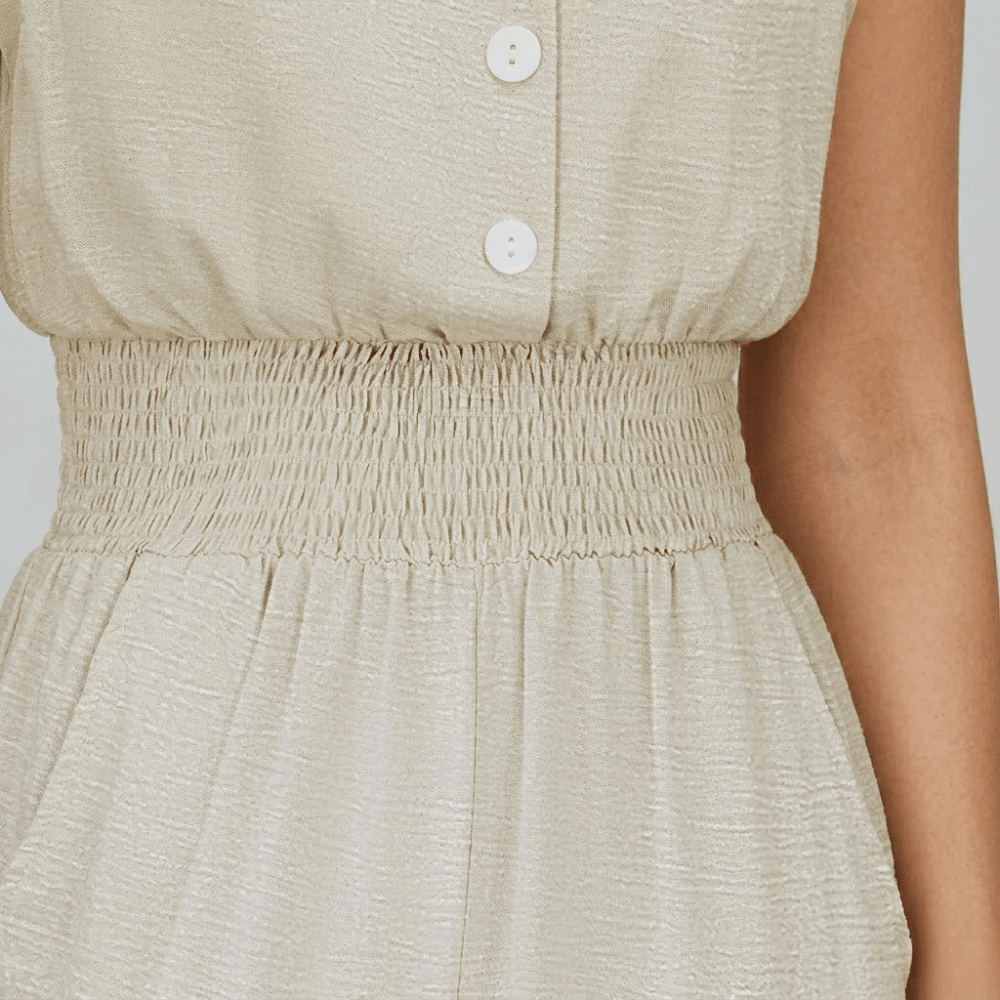 Women's Sleeveless V-Neck Jumpsuit - Smocked Waist Wide Leg Romper with Pockets