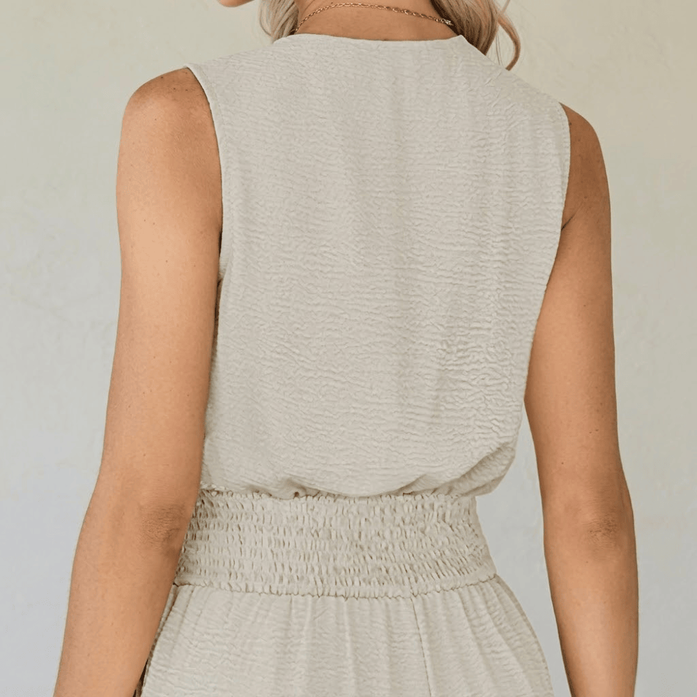 Women's Sleeveless V-Neck Jumpsuit - Smocked Waist Wide Leg Romper with Pockets