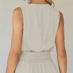 Women's Sleeveless V-Neck Jumpsuit - Smocked Waist Wide Leg Romper with Pockets
