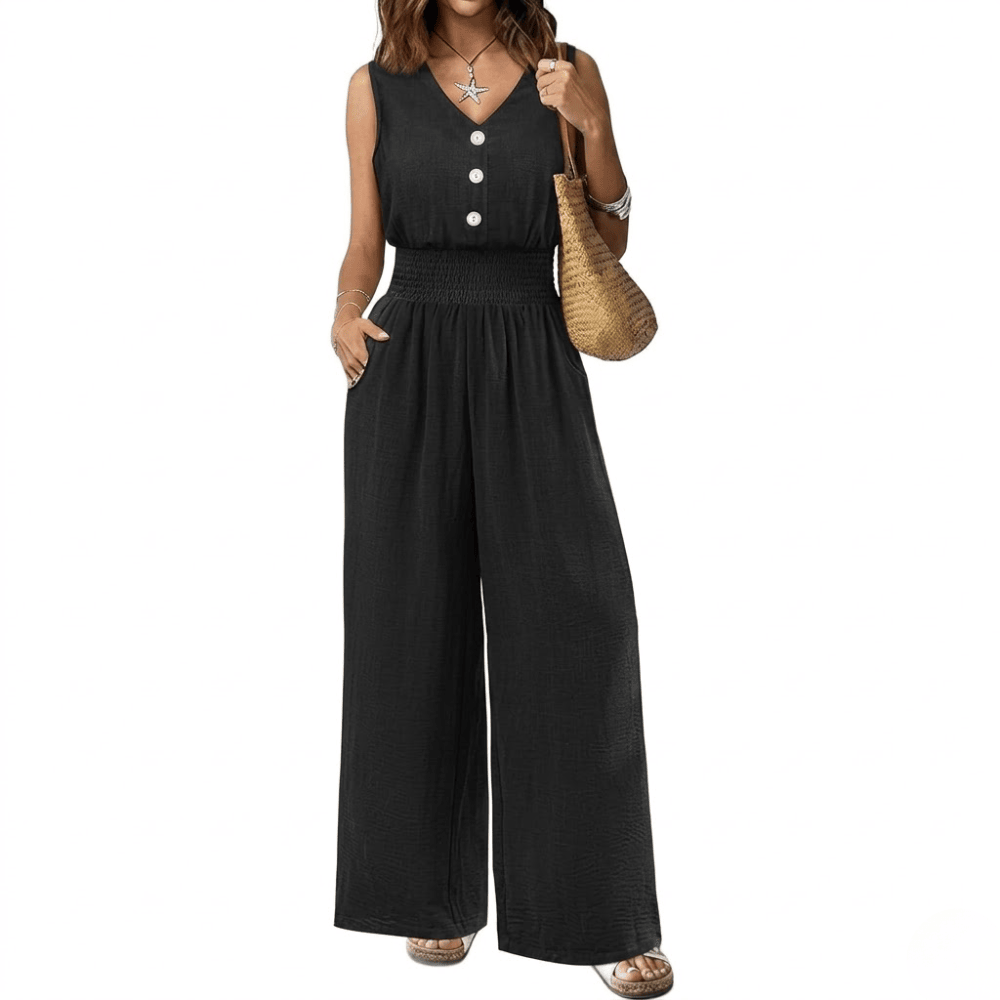 Women's Sleeveless V-Neck Jumpsuit - Smocked Waist Wide Leg Romper with Pockets