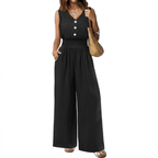 Women's Sleeveless V-Neck Jumpsuit - Smocked Waist Wide Leg Romper with Pockets