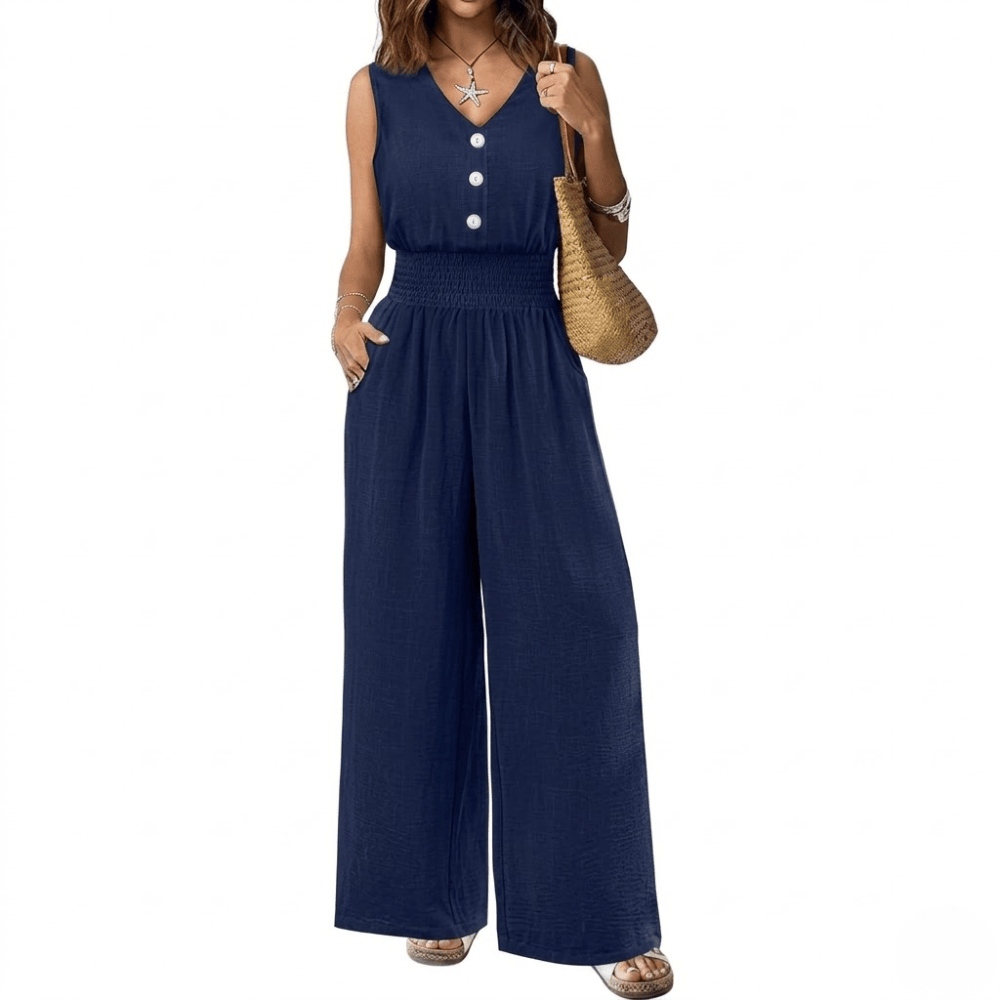 Women's Sleeveless V-Neck Jumpsuit - Smocked Waist Wide Leg Romper with Pockets