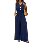 Women's Sleeveless V-Neck Jumpsuit - Smocked Waist Wide Leg Romper with Pockets