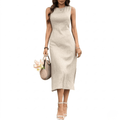 Women's 100% Linen Sleeveless Midi Dress - Crewneck Front with Back V-Neck Split Sun Dress