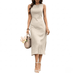 Women's 100% Linen Sleeveless Midi Dress - Crewneck Front with Back V-Neck Split Sun Dress