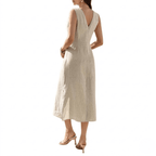 Women's 100% Linen Sleeveless Midi Dress - Crewneck Front with Back V-Neck Split Sun Dress