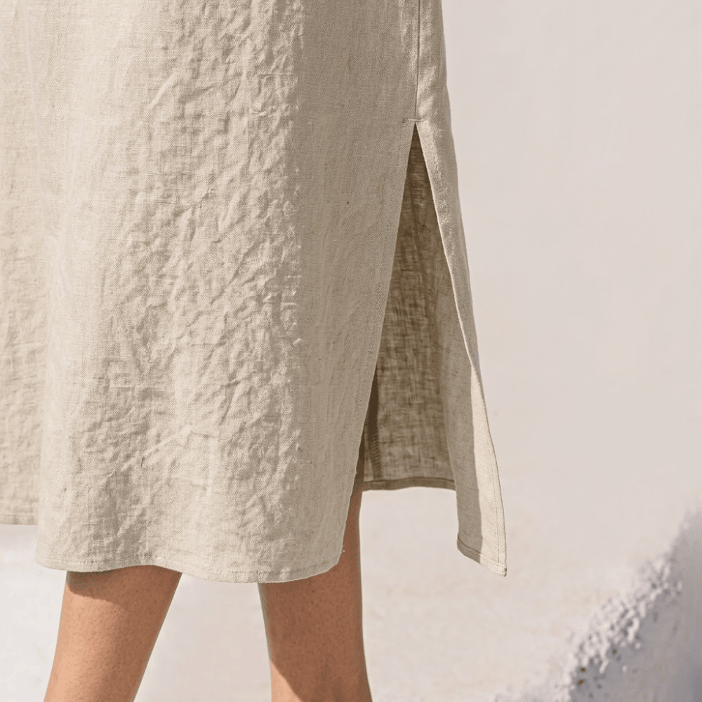 Women's 100% Linen Sleeveless Midi Dress - Crewneck Front with Back V-Neck Split Sun Dress