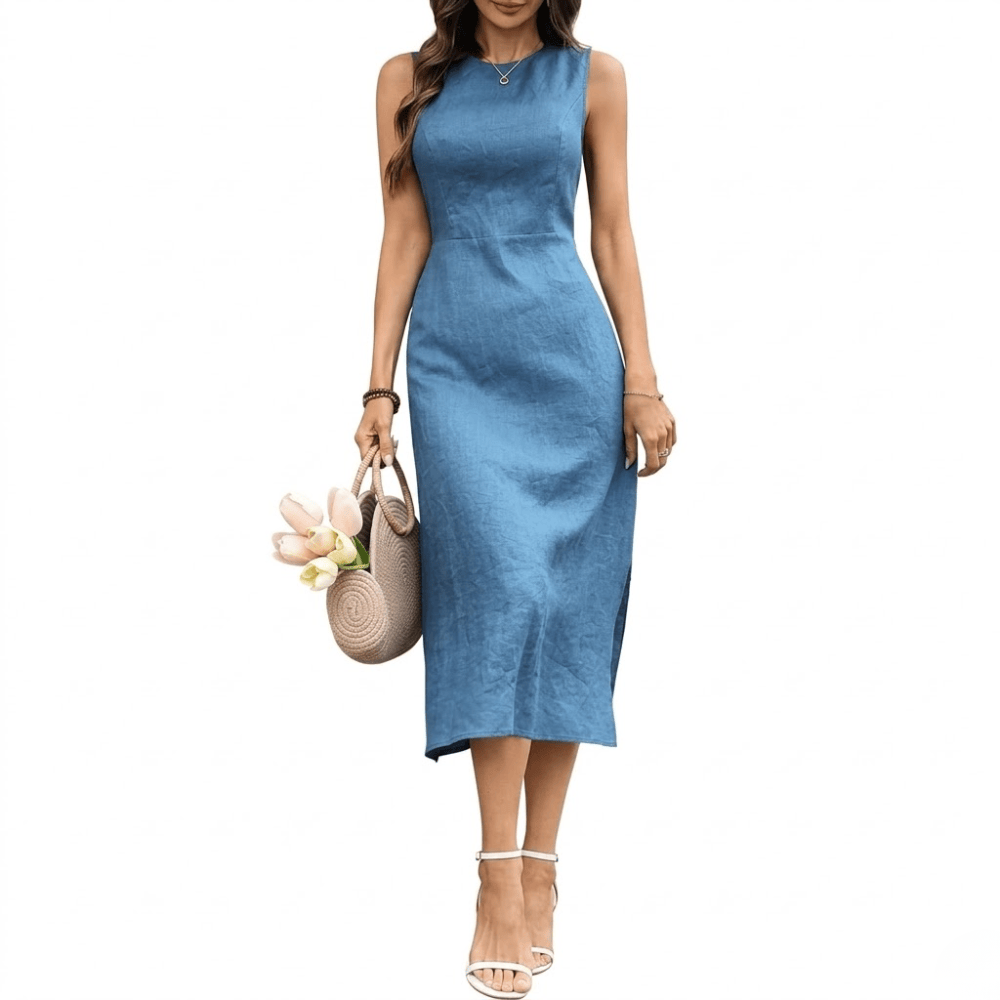 Women's 100% Linen Sleeveless Midi Dress - Crewneck Front with Back V-Neck Split Sun Dress