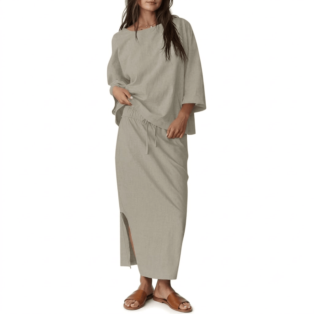 Women's 2-Piece Matching Skirt Set - Oversized 3/4 Sleeve Top and Maxi Skirt Loungewear