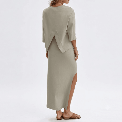 Women's 2-Piece Matching Skirt Set - Oversized 3/4 Sleeve Top and Maxi Skirt Loungewear