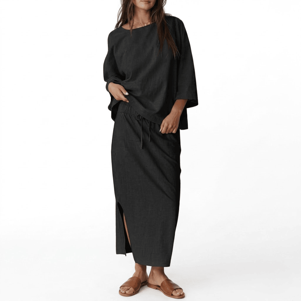 Women's 2-Piece Matching Skirt Set - Oversized 3/4 Sleeve Top and Maxi Skirt Loungewear