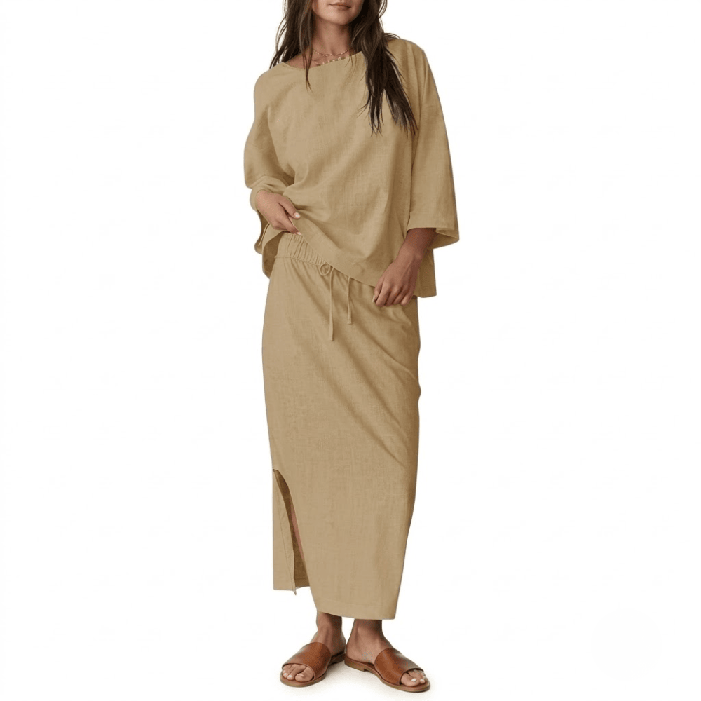 Women's 2-Piece Matching Skirt Set - Oversized 3/4 Sleeve Top and Maxi Skirt Loungewear