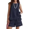 Women's 2-Piece Summer Shorts Set - Sleeveless Round Neck Tank Top and Drawstring Shorts