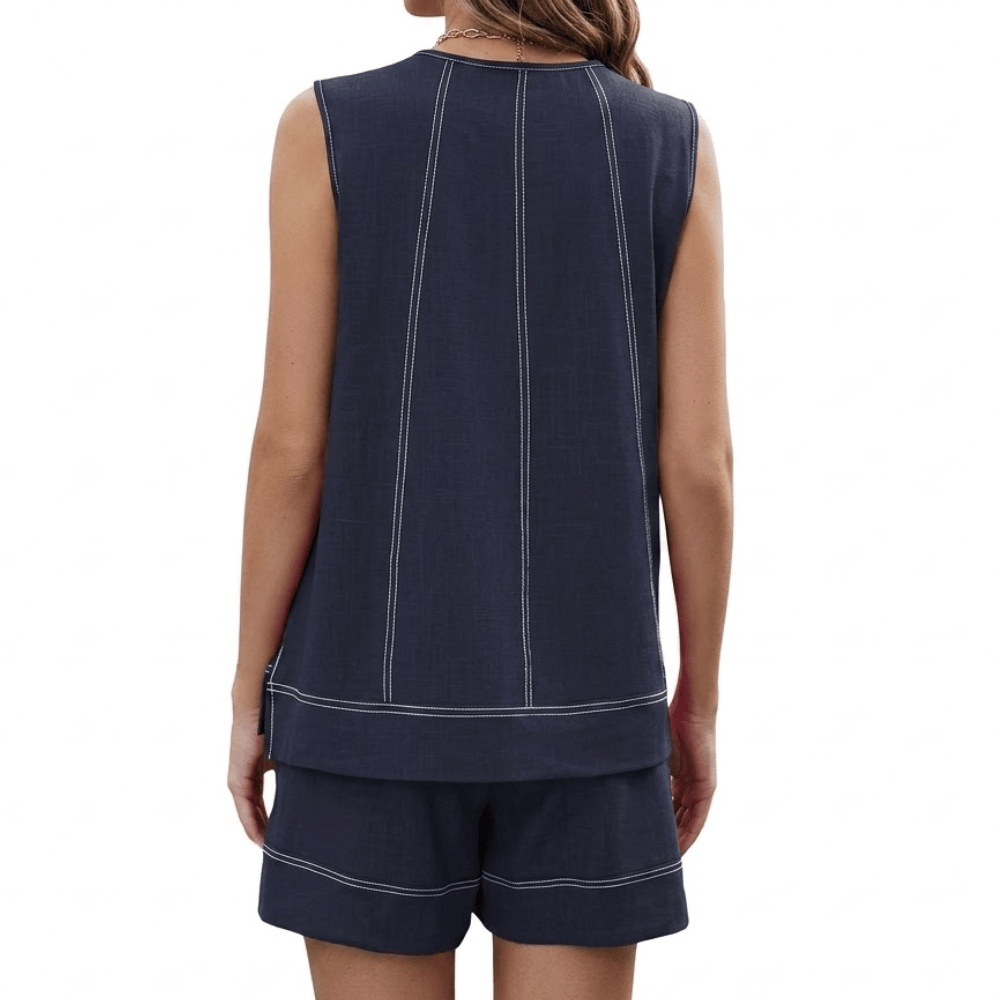 Women's 2-Piece Summer Shorts Set - Sleeveless Round Neck Tank Top and Drawstring Shorts
