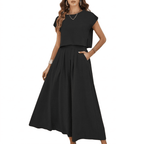 Women's 2-Piece Maxi Skirt Set - Crewneck Cap Sleeve Crop Top and High-Waist A-Line Long Skirt