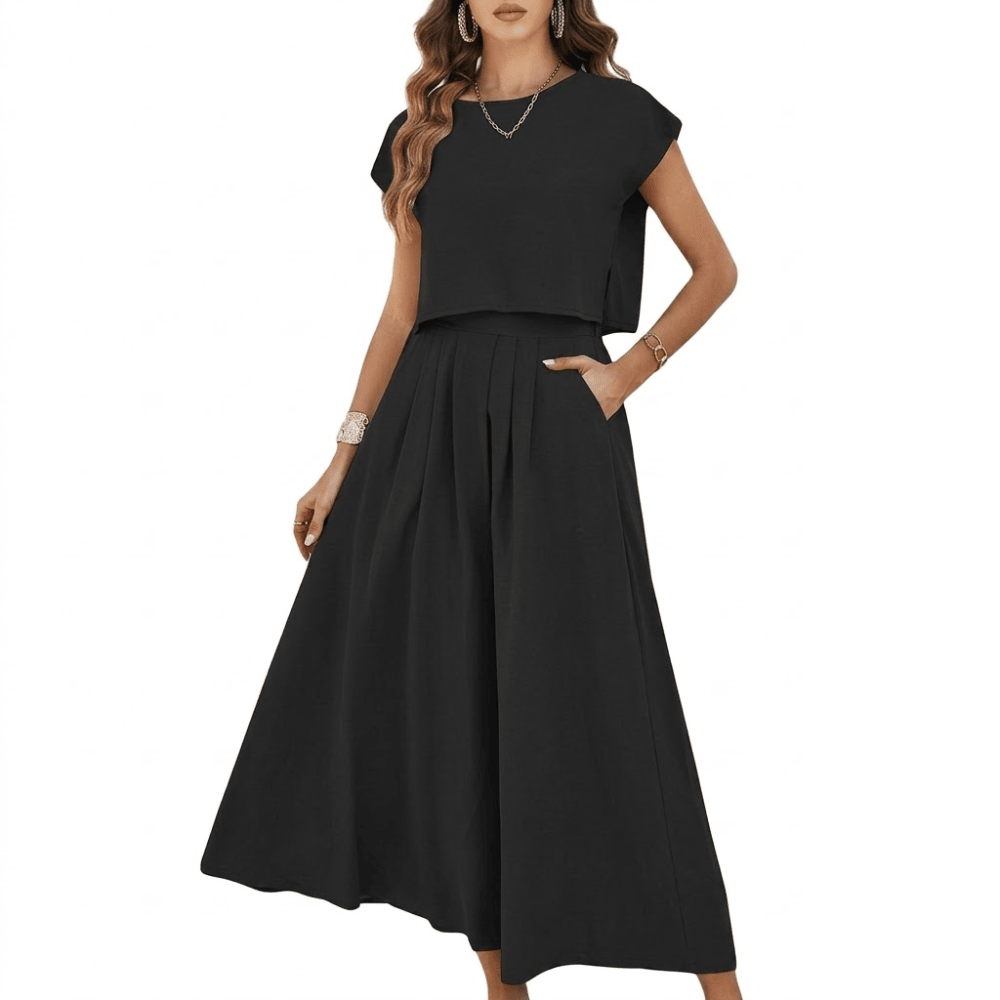 Women's 2-Piece Maxi Skirt Set - Crewneck Cap Sleeve Crop Top and High-Waist A-Line Long Skirt