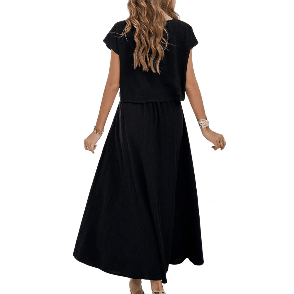 Women's 2-Piece Maxi Skirt Set - Crewneck Cap Sleeve Crop Top and High-Waist A-Line Long Skirt