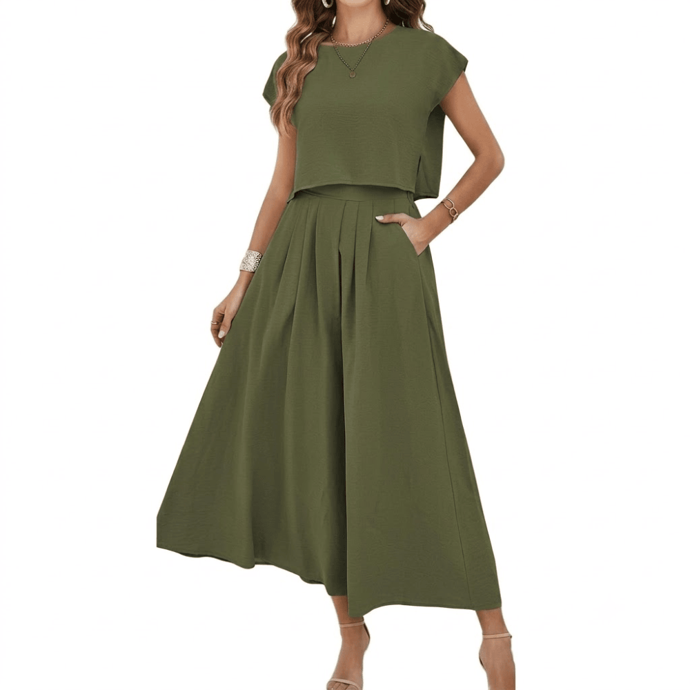 Women's 2-Piece Maxi Skirt Set - Crewneck Cap Sleeve Crop Top and High-Waist A-Line Long Skirt