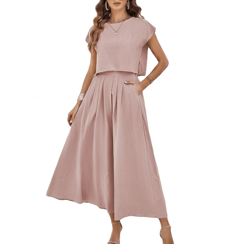Women's 2-Piece Maxi Skirt Set - Crewneck Cap Sleeve Crop Top and High-Waist A-Line Long Skirt