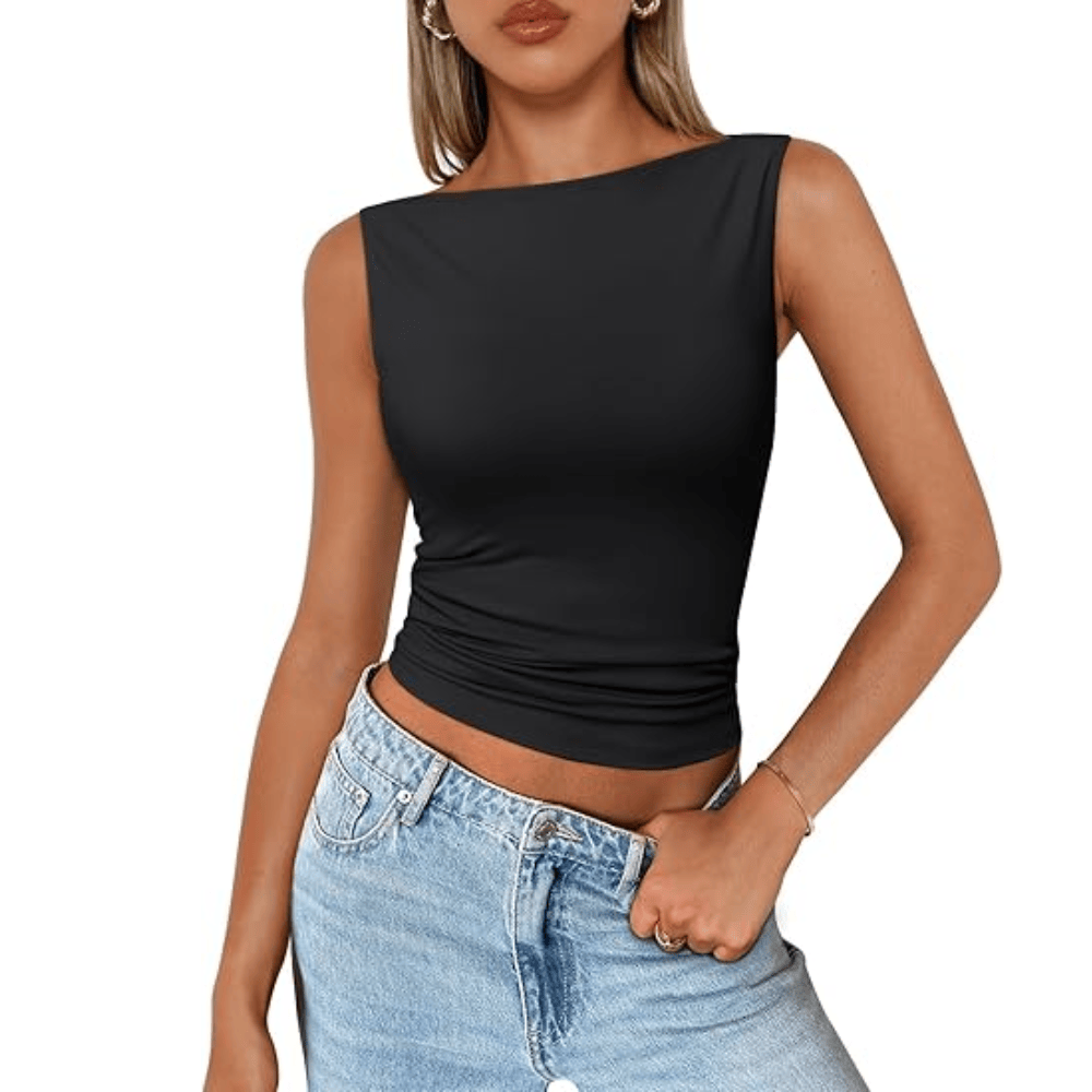 Women's Boat Neck Sleeveless Tank Top - Fitted Double-Lined Going Out Crop Top