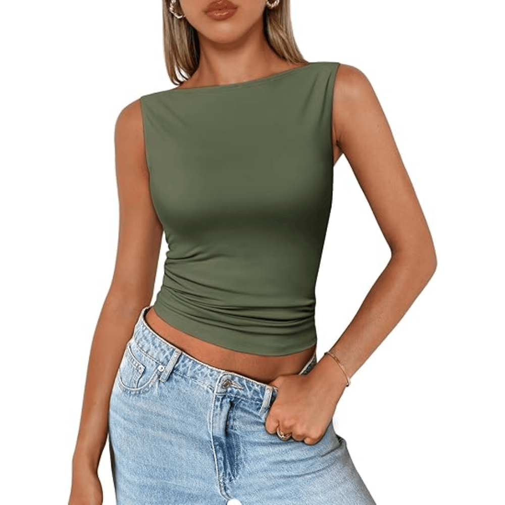 Women's Boat Neck Sleeveless Tank Top - Fitted Double-Lined Going Out Crop Top