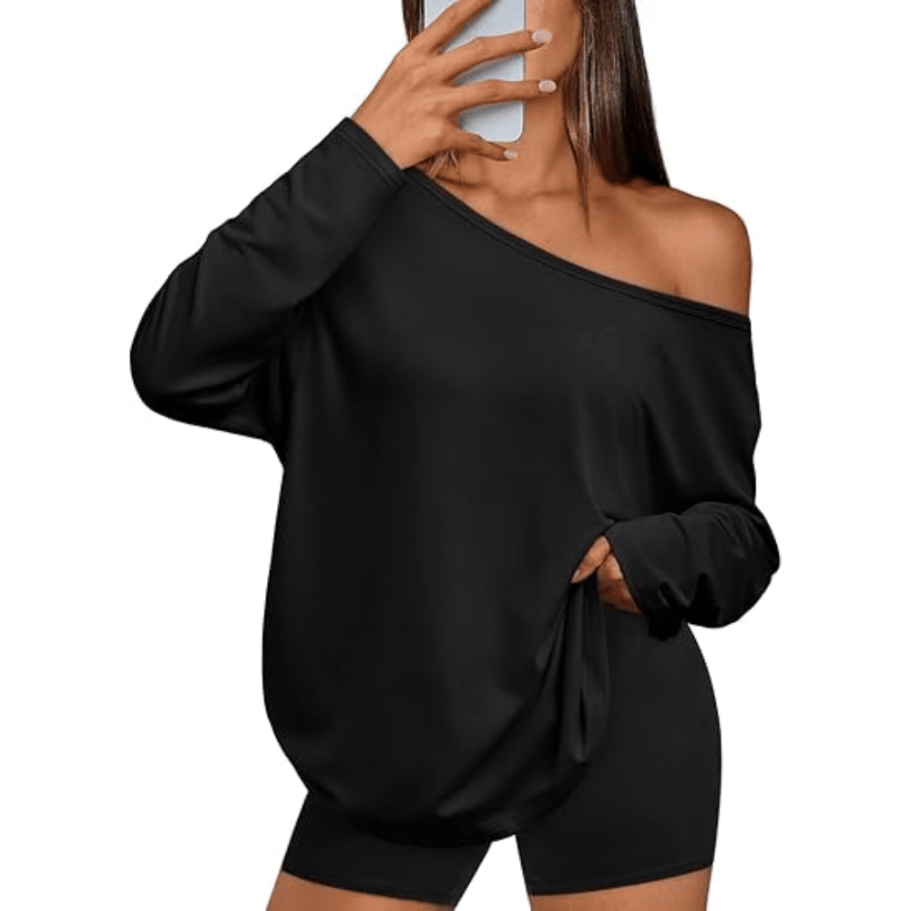 Women's Off-The-Shoulder Long Sleeve Top - Oversized Asymmetrical Neck Casual Tee