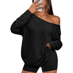 Women's Off-The-Shoulder Long Sleeve Top - Oversized Asymmetrical Neck Casual Tee