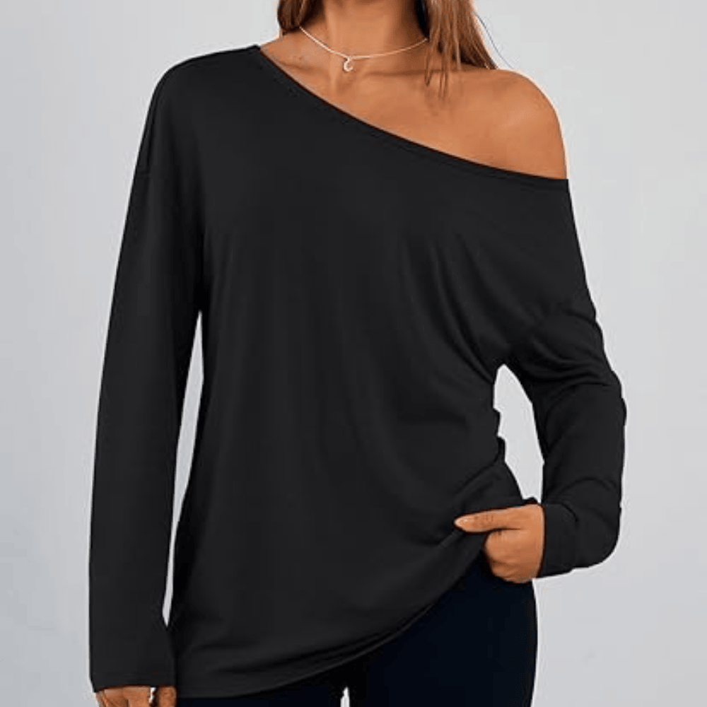 Women's Off-The-Shoulder Long Sleeve Top - Oversized Asymmetrical Neck Casual Tee