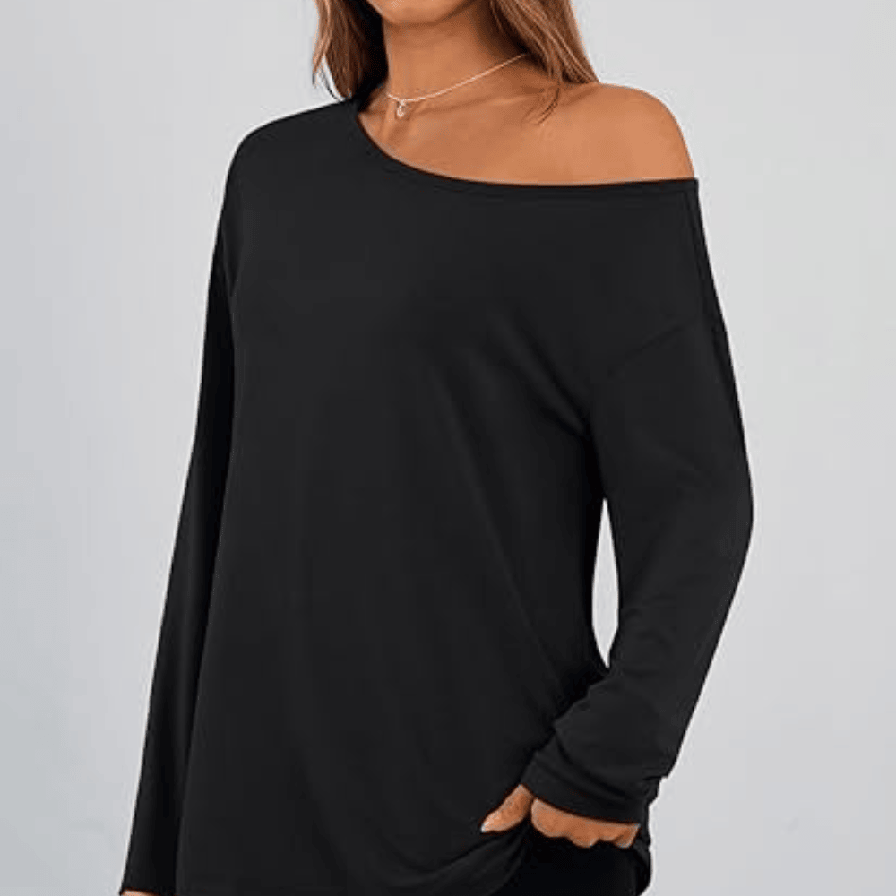 Women's Off-The-Shoulder Long Sleeve Top - Oversized Asymmetrical Neck Casual Tee