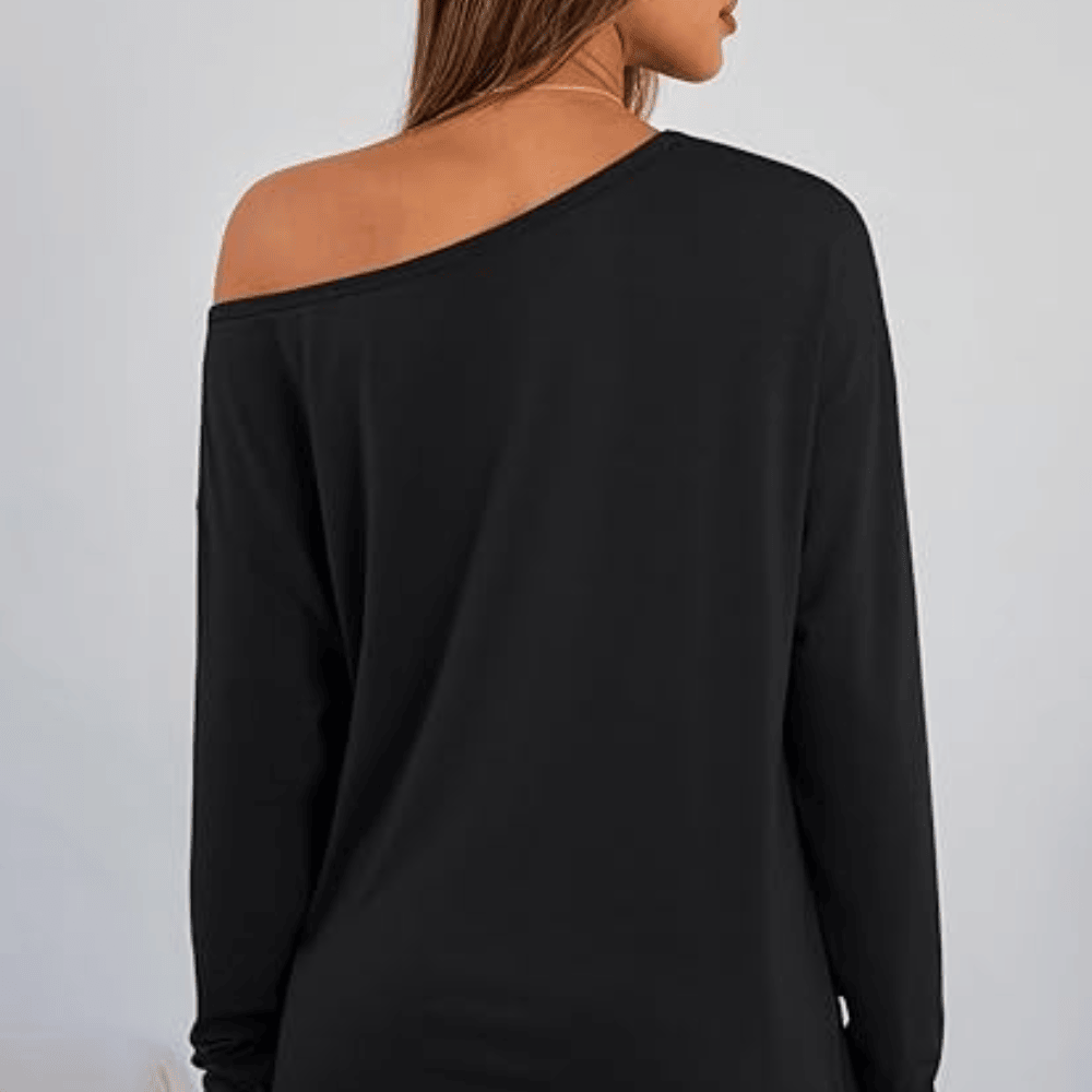 Women's Off-The-Shoulder Long Sleeve Top - Oversized Asymmetrical Neck Casual Tee