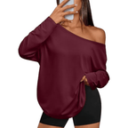 Women's Off-The-Shoulder Long Sleeve Top - Oversized Asymmetrical Neck Casual Tee
