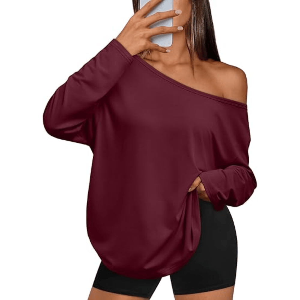 Women's Off-The-Shoulder Long Sleeve Top - Oversized Asymmetrical Neck Casual Tee