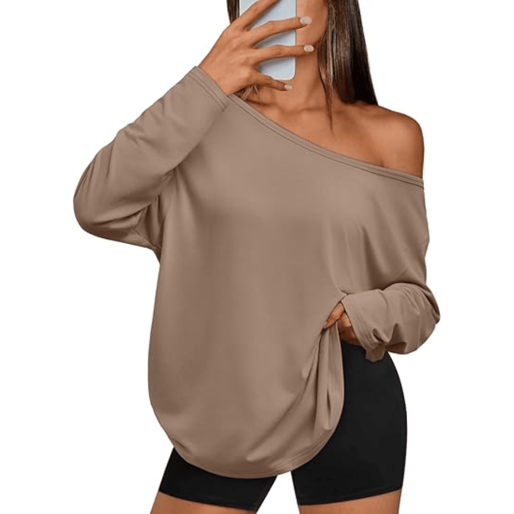 Women's Off-The-Shoulder Long Sleeve Top - Oversized Asymmetrical Neck Casual Tee