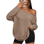 Women's Off-The-Shoulder Long Sleeve Top - Oversized Asymmetrical Neck Casual Tee