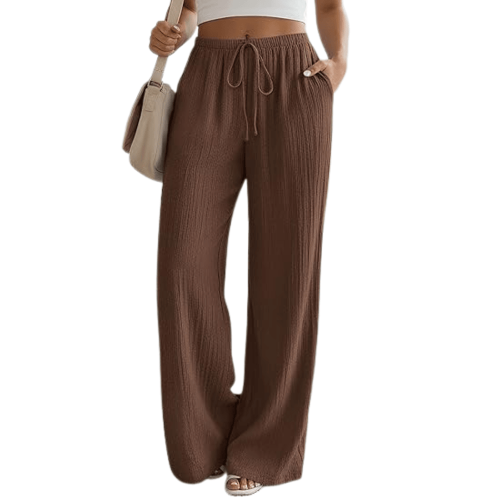 Women's Crinkle Palazzo Pants - High-Waisted Wide-Leg Flowy Summer Beach Trousers