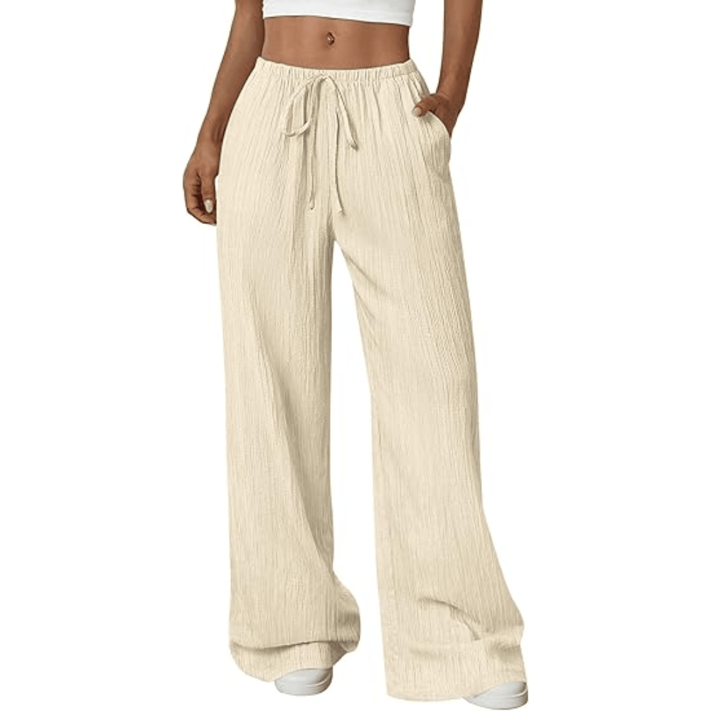 Women's Crinkle Palazzo Pants - High-Waisted Wide-Leg Flowy Summer Beach Trousers