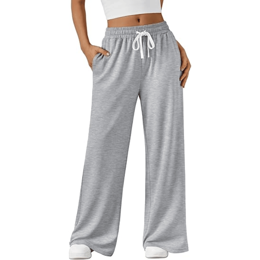 Women's Wide-Leg Sweatpants - High-Waisted Drawstring Casual Lounge Pants with Pockets