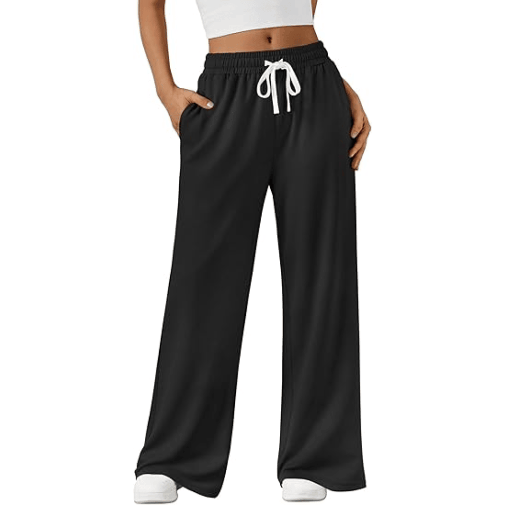 Women's Wide-Leg Sweatpants - High-Waisted Drawstring Casual Lounge Pants with Pockets