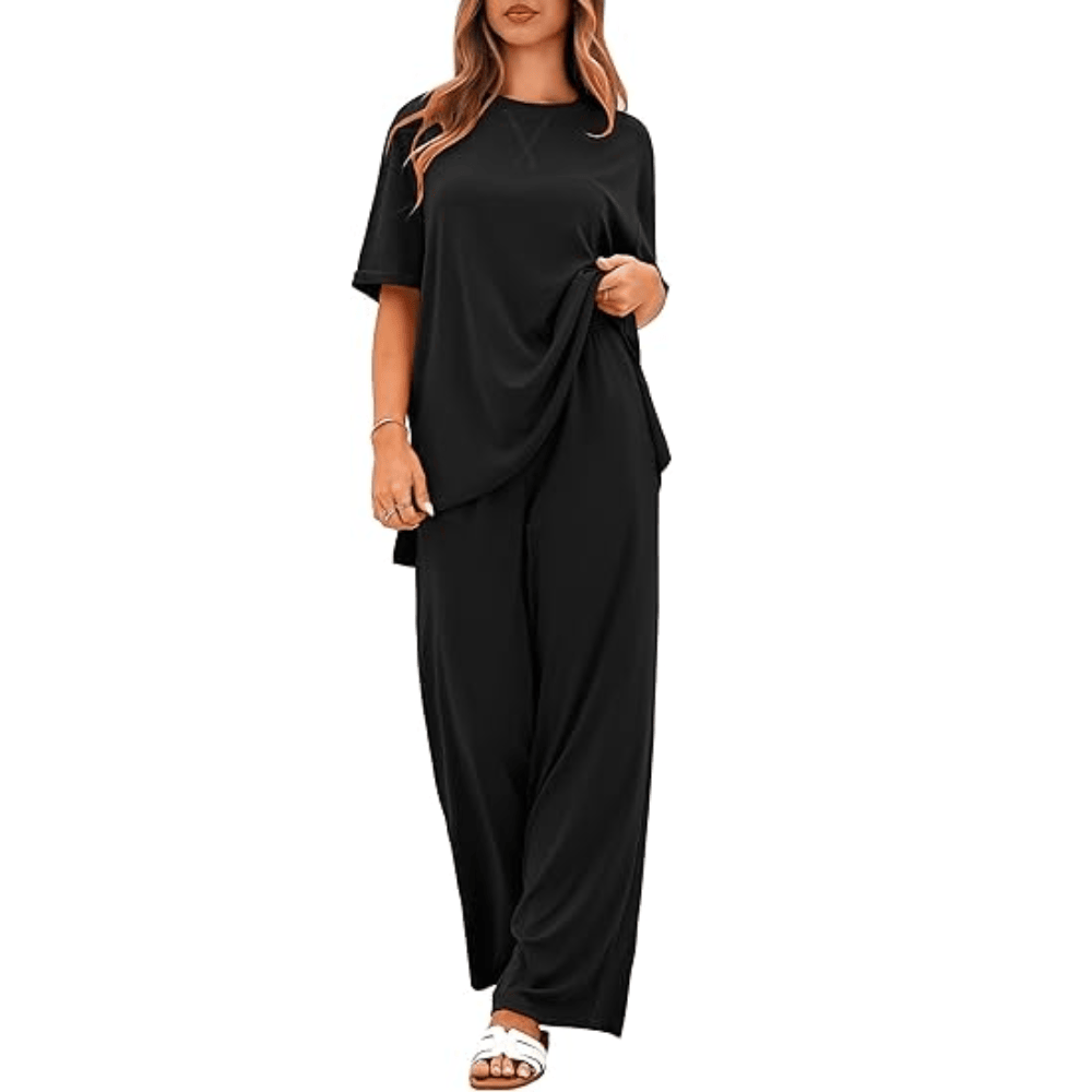 Women's 2-Piece Ribbed Knit Loungewear Set - Short Sleeve Slit Hem Top and Wide-Leg Pants