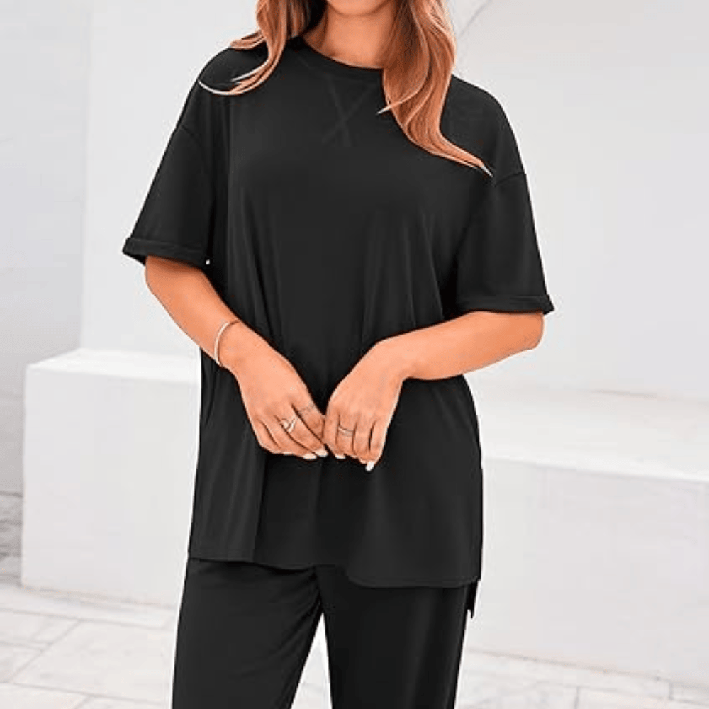 Women's 2-Piece Ribbed Knit Loungewear Set - Short Sleeve Slit Hem Top and Wide-Leg Pants