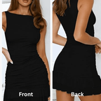 Women's Boat-Neck Ruched Mini Dress - Sleeveless Mesh Ruffle Hem Cocktail Bodycon Dress