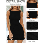 Women's Boat-Neck Ruched Mini Dress - Sleeveless Mesh Ruffle Hem Cocktail Bodycon Dress